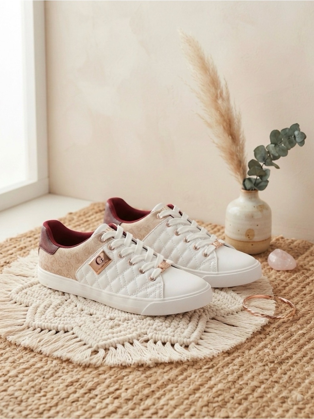G by Guess Quilted White and Burgundy Low-Top Sneakers